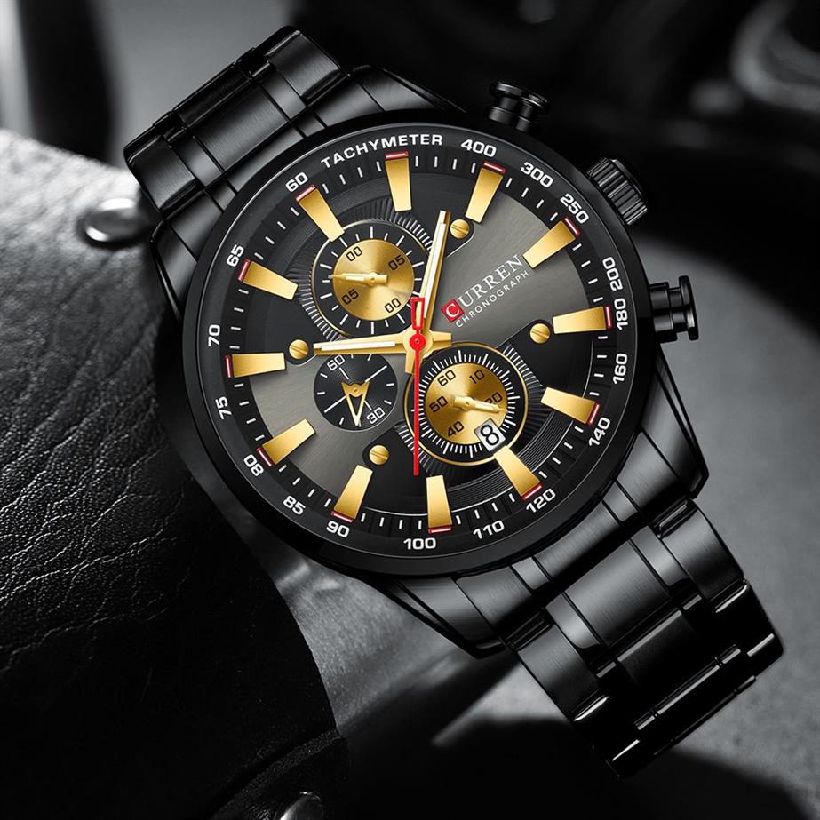 Часы CURREN из черного золота для мужчин, модные кварцевые спортивные наручные часы с хронографом, часы с датой, мужские часы из нержавеющей стали CX200802690