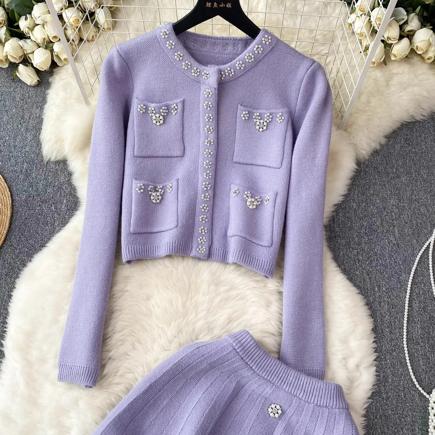 Two Piece Dress Small Fragrance Beading Knitted Two Pieces Sets Women's Flower Buttons Shinny Cardigan Sweater Coat Crystal Mini Skirt Suit 2024