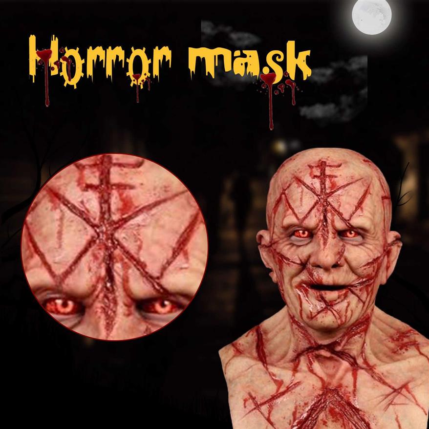 Scary Bald Blood Scar Mask Horror Bloody Headgear 3d Realistic Human Face Headgear emulsion latex adults Mask breathable masque Q0238r