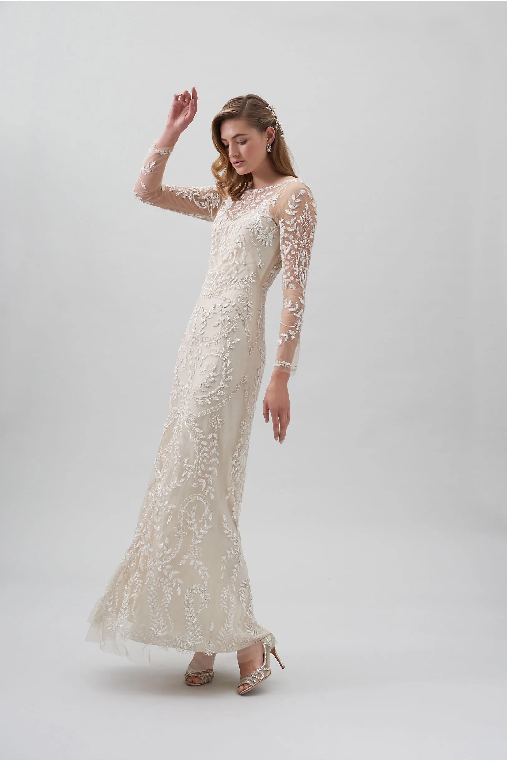 Bhldn Meerjungfrau-Hochzeitskleider, Juwel-Ausschnitt, knöchellang, Spitze, applizierte Perlen, lange Ärmel, Hochzeitskleid, individuelle, elegante Brautkleider, Garten