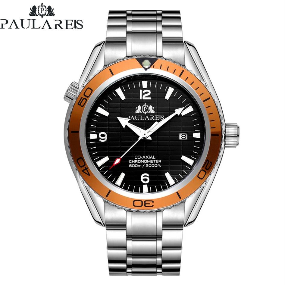 Automático auto vento mecânico pulseira de aço inoxidável simples laranja azul moldura james bond 007 estilo data negócios relógio masculino t200311237b