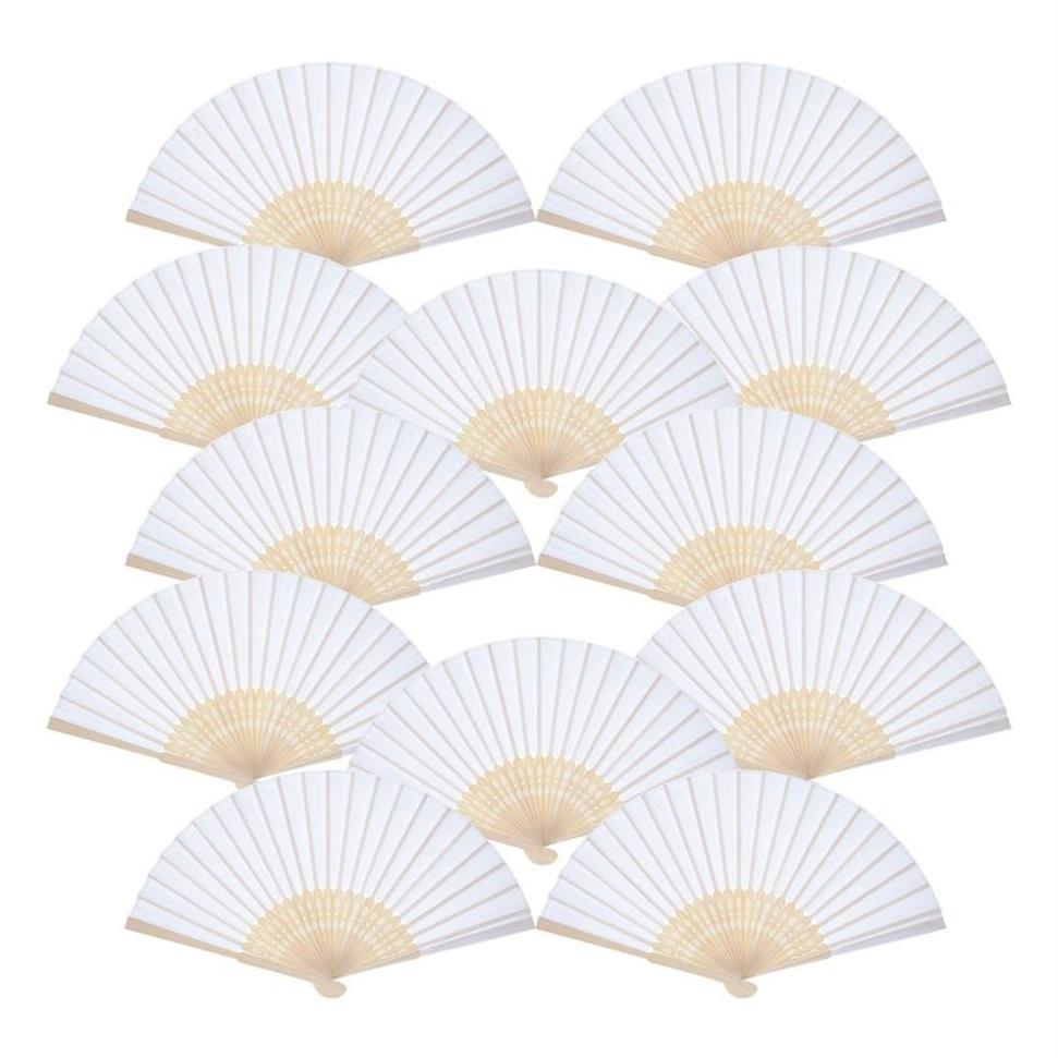 12 Pack Hand Held Fans Party Favor Wit Papier fan Bamboe Opvouwbare Fans Handheld Gevouwen voor Kerk Bruiloft Gift228K