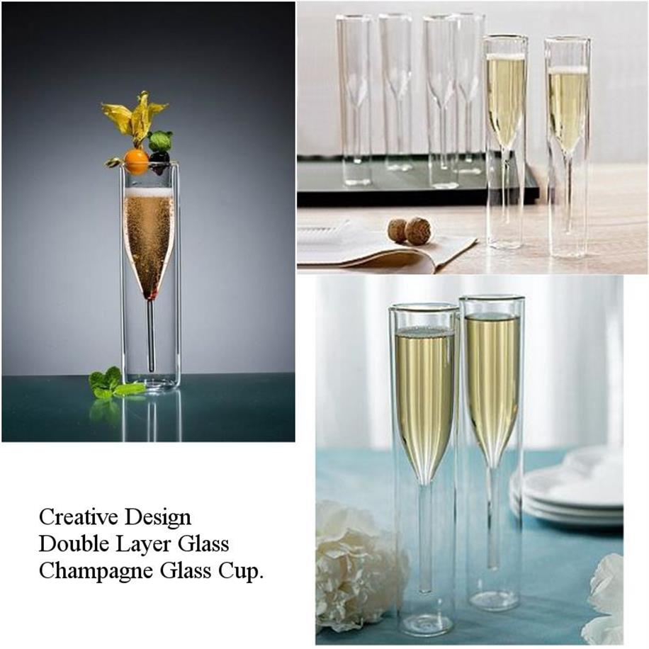 4 Stück doppelwandiges Glas Champagner Champagnerflöten Weingläser ohne Stiel Kelch Blase Wein Tulpe Cocktail Hochzeit Party Cup256P