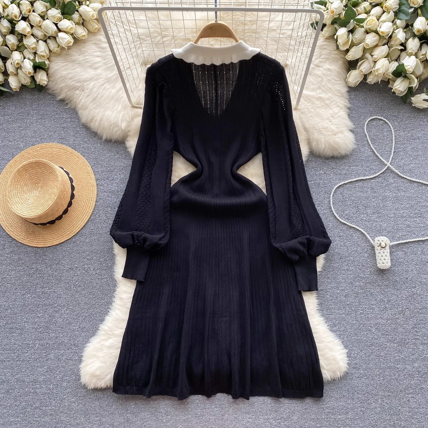 Summer Elegant Casual Dresses New Autumn Winter Elegant Long Lantern Sleeve Sweater Dress Women's Lapel Collar Single Breasted Knitted Party Midi Vestidos 2024