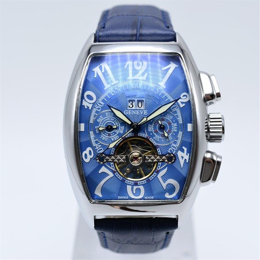 Geneve Tourbillon Leather Automical Mens Watches Skeleton Hollow Day Date Men Designer Watch Gifts Mens Wristwatch Mont250Q