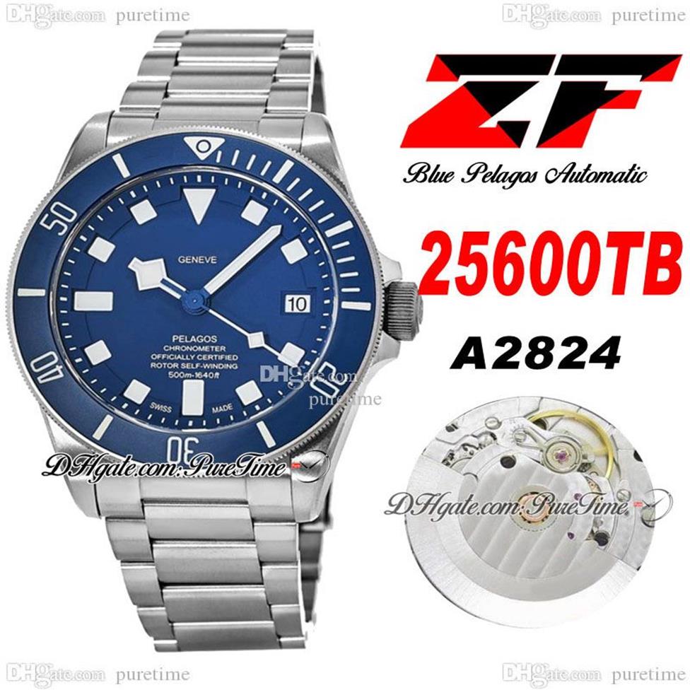ZF V5 25500 A2824 Titanium Automatic Mens Watch 42mm Moldura de cerâmica Mostrador azul Marcadores brancos Pulseira de titânio Super Edition Watche2532
