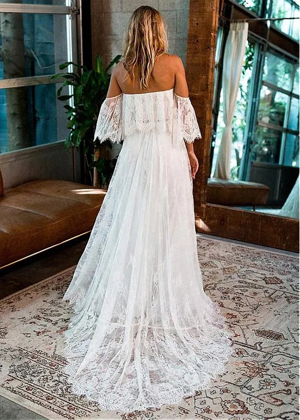 Une ligne Boho robes de mariée dentelle Applique balayage train épaules dénudées élégantes robes de mariée bohème dos nu robe de mariée de plage