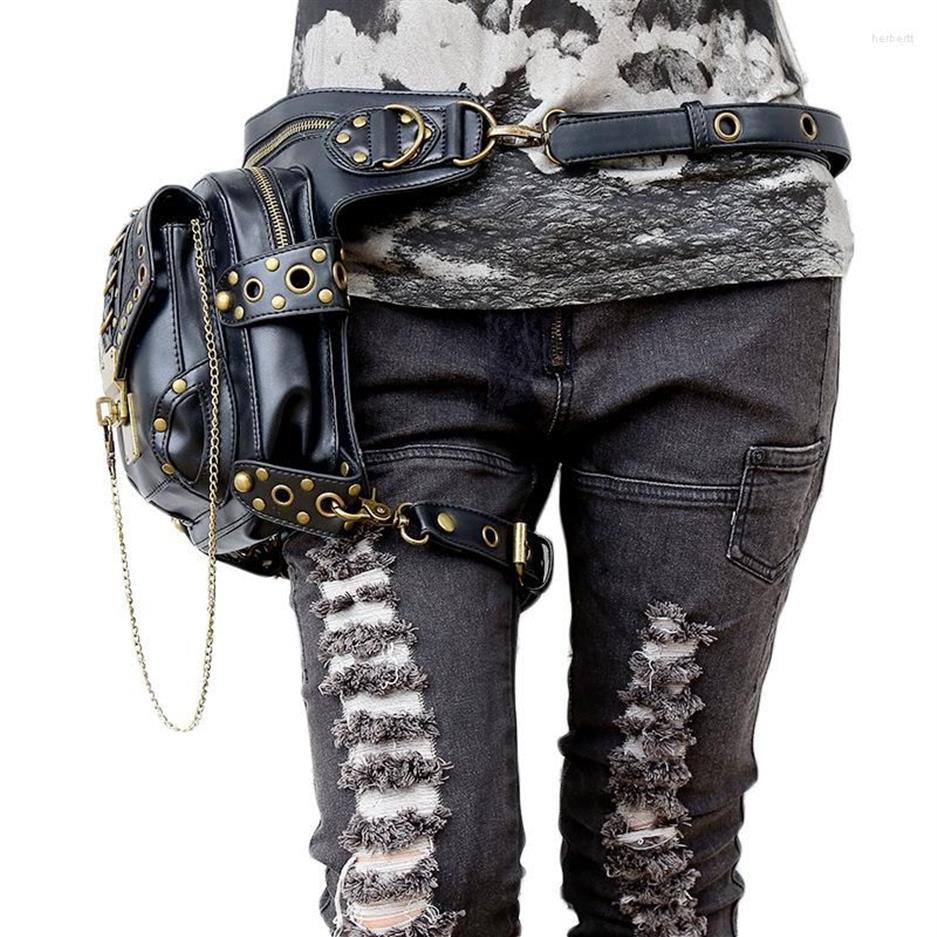 Waist Bags Retro SteamPunk Leather Bag Serpentine Crossbody Rock Men Women Gothic Black Fanny Packs Fashion Motorcycle Leg184Z