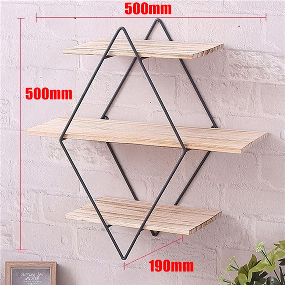 Bedroom Office Home Decoration Vintage Iron Metal Wood Wall Storage Shelf Rack Rhombus Wood Iron Craft Wall Book Hanging Rack Y200272j