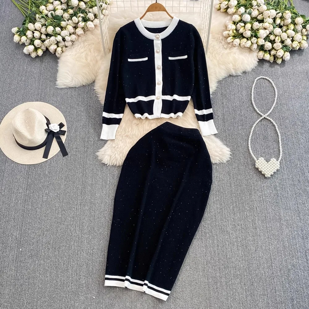 Two Piece Dress Autumn Winter Striped Knitted Two Piece Set Women Christmas Pearls Single Breasted Sweater Coat And Straight Midi Skirt Suits 2024