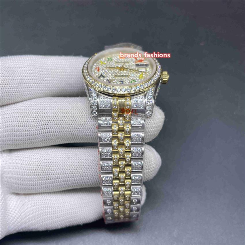 Senaste mäns Iced Diamond Wristwatch Gold Face Color Arabic Scale Bi-Gold Diamonds Strap Watch Full Automatic Mechanical Watc272d