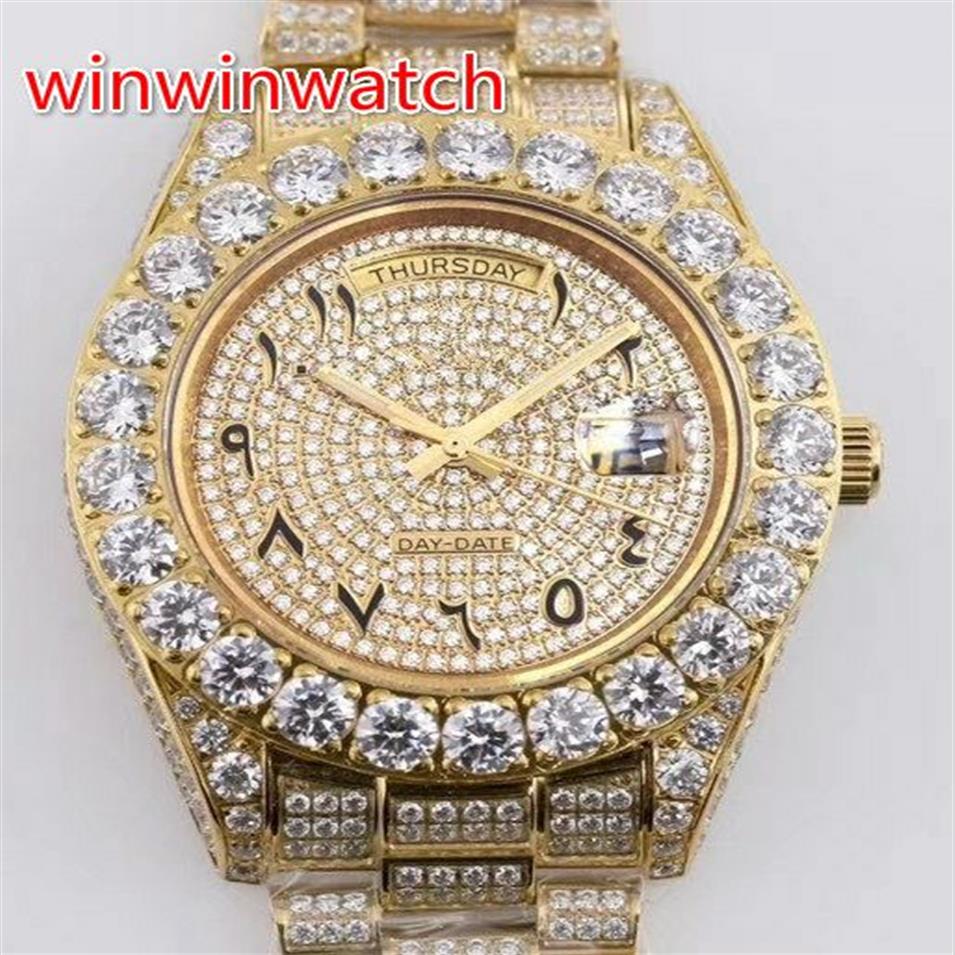 Big Prong Set Diamonds Bezel Men tittar på guld 43mm arabiska siffror Dial Shiny Diamonds Case Sapphire Crystal Automatic Big Diamonds 284p