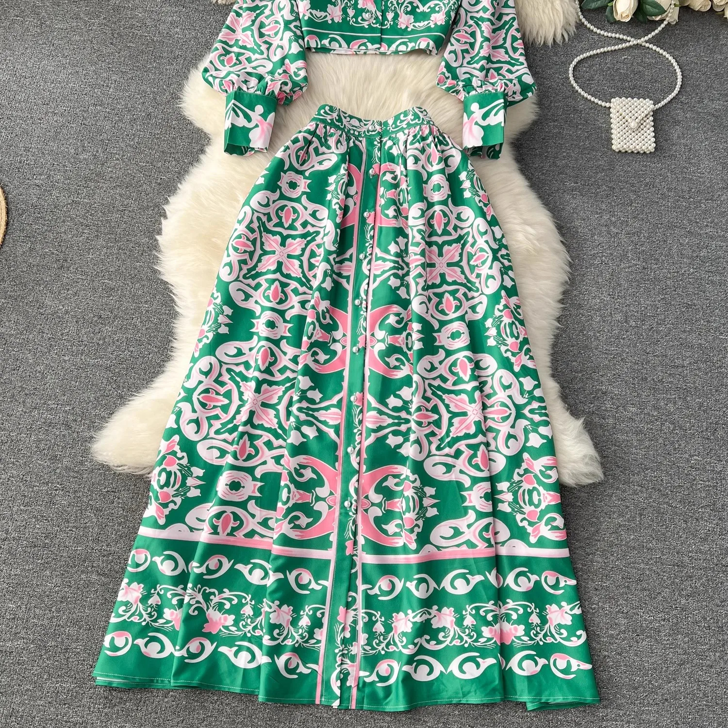 Two Piece Dress 2024 Fashion Green Blue And White Porcelain Two Piece Set Women's Notched Collar Shirt Short Top+Single-Breasted Long Skirt Suit