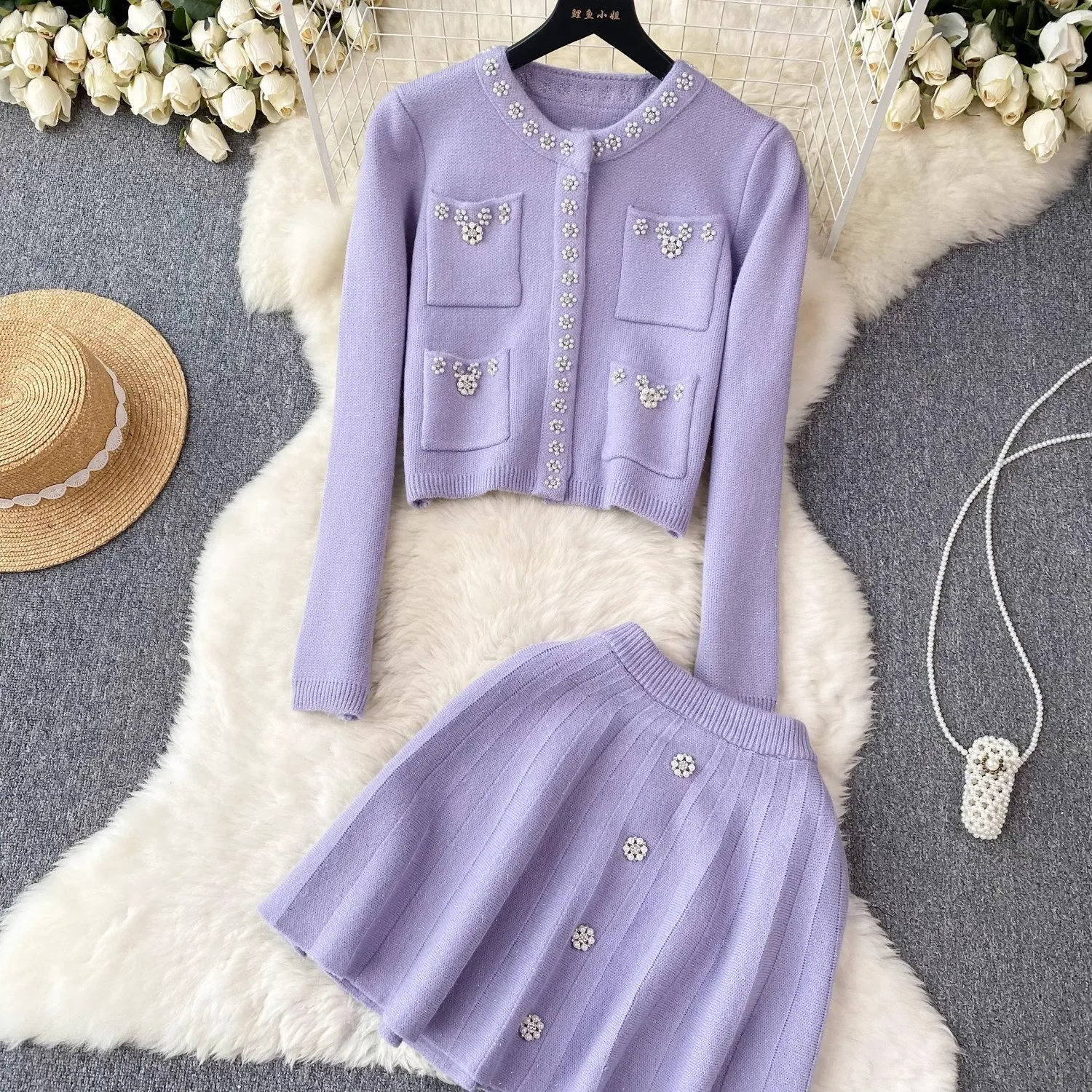 Two Piece Dress Small Fragrance Beading Knitted Two Pieces Sets Women