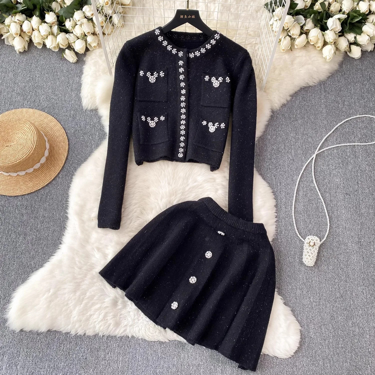 Two Piece Dress Small Fragrance Beading Knitted Two Pieces Sets Women