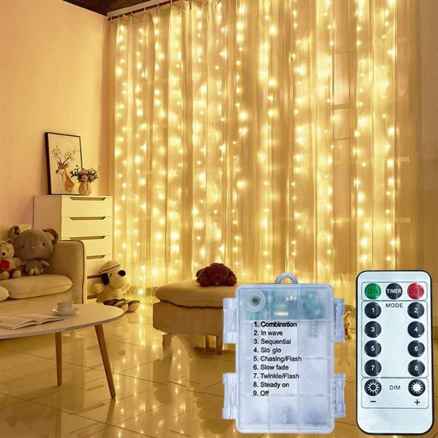 LED-Vorhang-Lichterketten, Fernbedienung, USB-Batterie, Lichterkette, Weihnachtsgirlande, Hochzeit, Party für Zuhause, Schlafzimmer, Fenster, Dekor299L