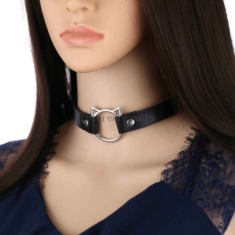 Mode pu läder halsband kvinnor flickor vintage punk söt katt design läder choker justerbar krage halsband smycken gåvor