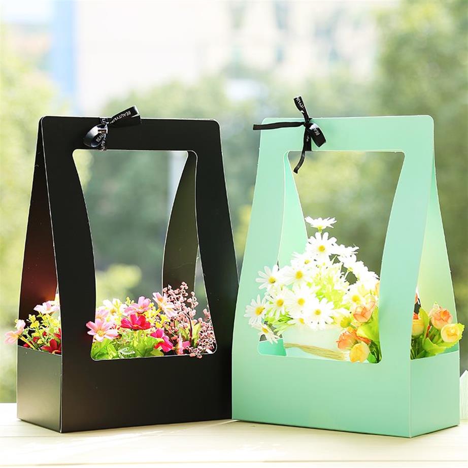 Flower Basket Paper Carton Portable Flowers Packing Box Waterproof Florist Fresh flower Carrier Bag In Green Black Pink272e