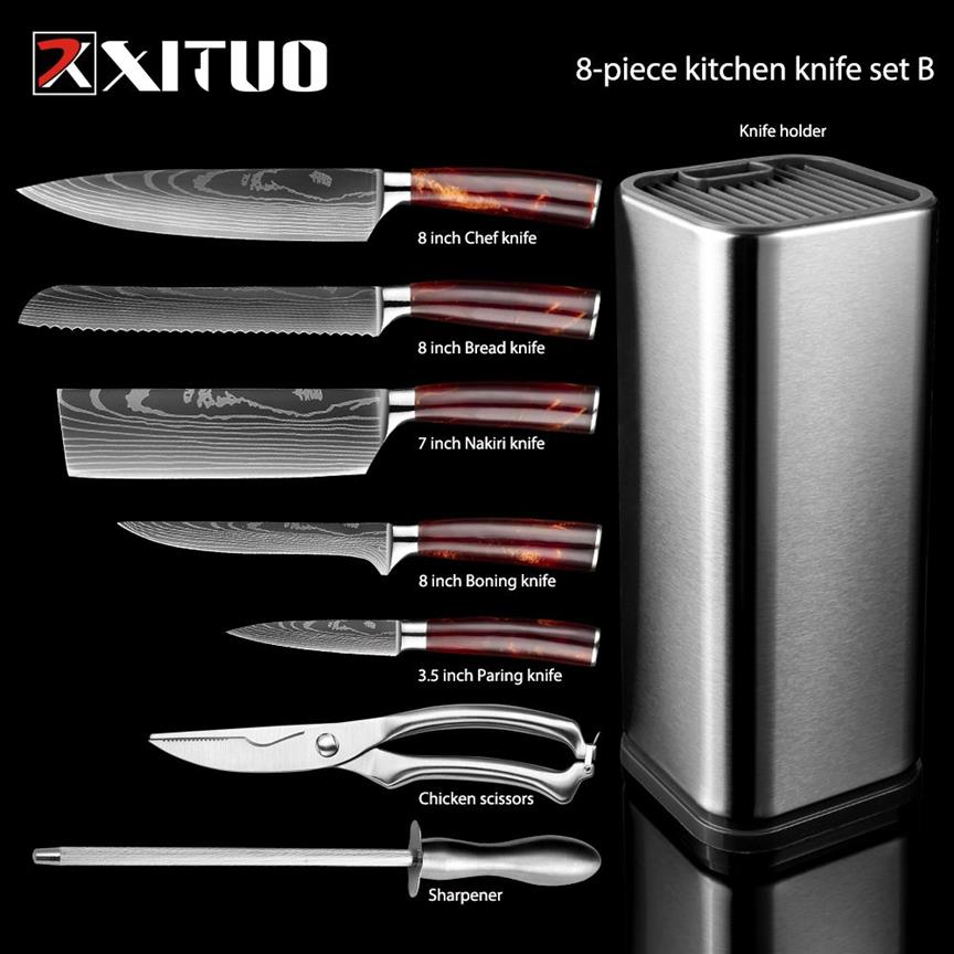 XITUO Kitchen Knives Set 6-Set Red Resin Handle Laser EAMASCUS Pattern Chef LNIFE Bread Cleaver Slicing Knives Gift295v