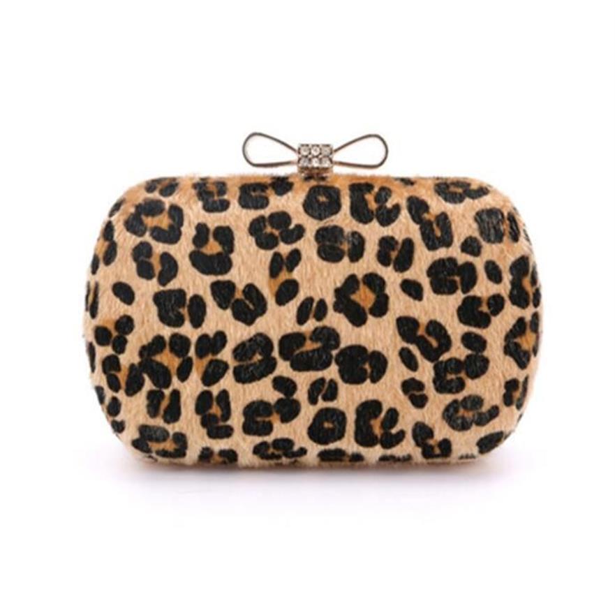 Women Horsehair Leopard Print Evening Diomand Bow Bow Clutch Bags245J