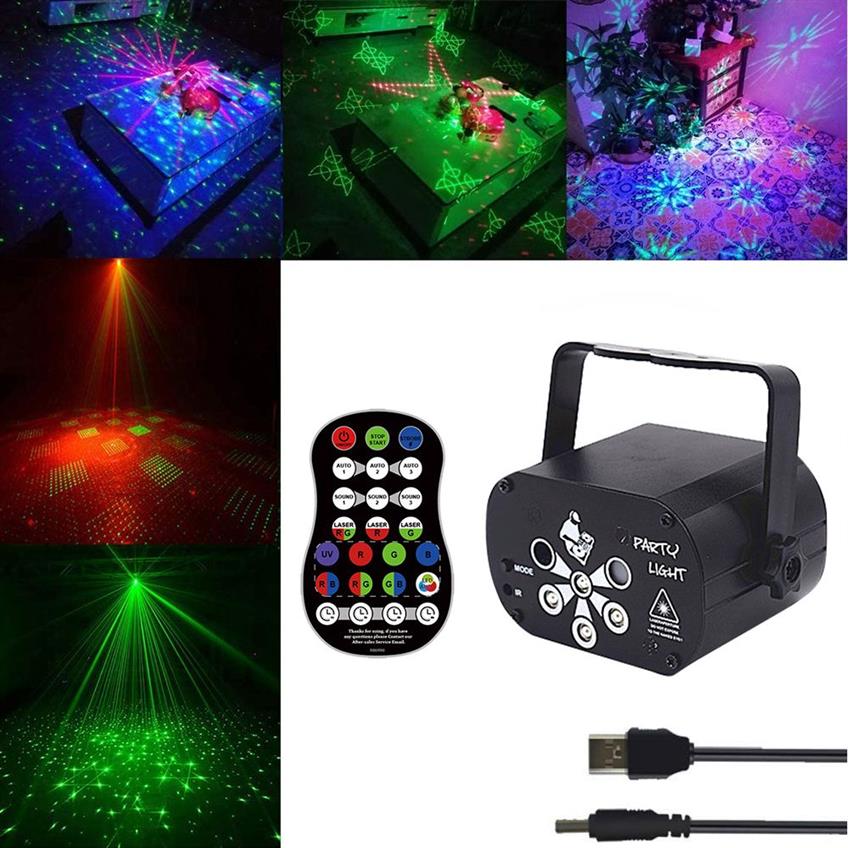 USB -uppladdningsbar 120 mönster Laserprojektorbelysningar RGB UV DJ Disco Stage Party Lights for Christmas Halloween Birthday Wedding Y316F