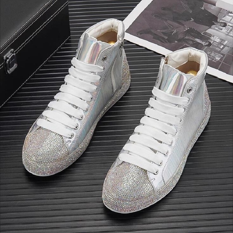 Designer höga toppar för män glitter charm rhinestone skor kausala lägenheter loafers moccasins manliga promenad sneakers zapatos hombre 10a36