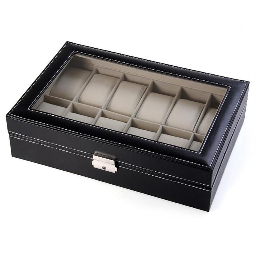 Boîtes de montres, boîte élégante, support de rangement de bijoux organisé 12 grilles, vitrine en cuir PU Cajas Para Relojes317u