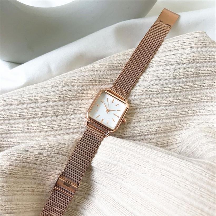 Moda feminina relógios quadrados design minimalista senhoras quartzo wrsitwatches ulzzang ouro prata aço inoxidável malha cinta relógio 220228r