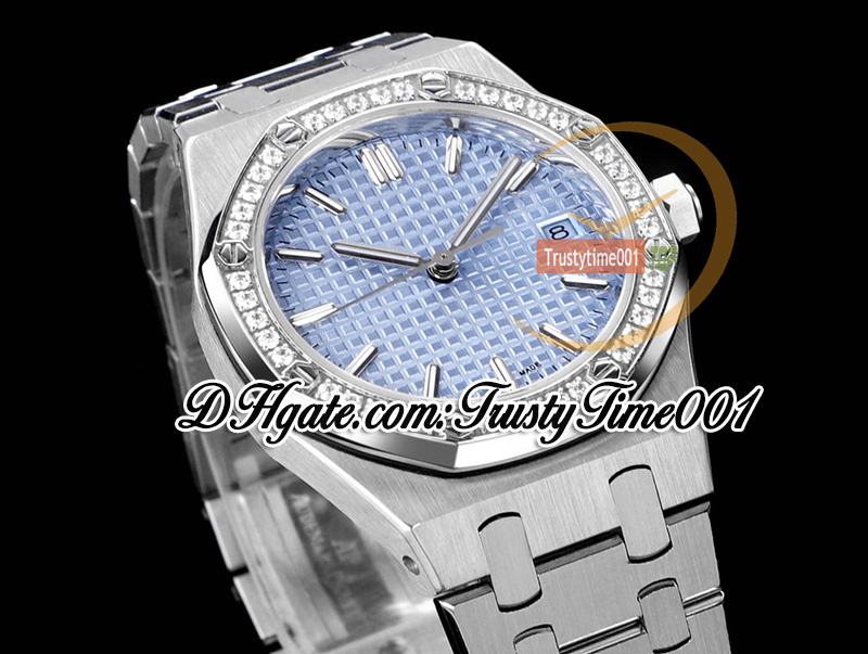 TWF 34mm 77351 A5800 Relógio automático feminino 50º aniversário moldura de diamantes ICE azul mostrador texturizado pulseira inoxidável super edição relógios femininos trustytime001