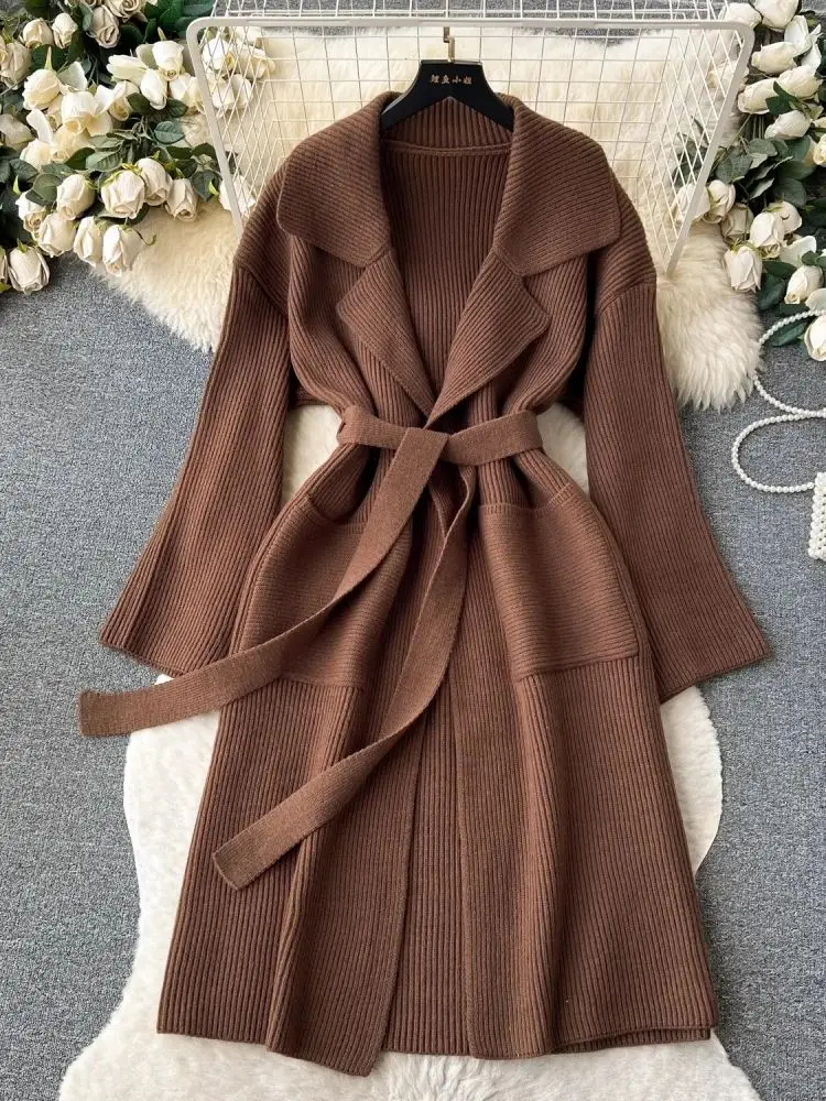 Women's Outerwear Jackets Autumn Winter Thicken Warm Long Cardigan Women Solid Color Knitted Sweater Cashmere Jackets Pocket Lace Up Belt Loose Outerwear 2024