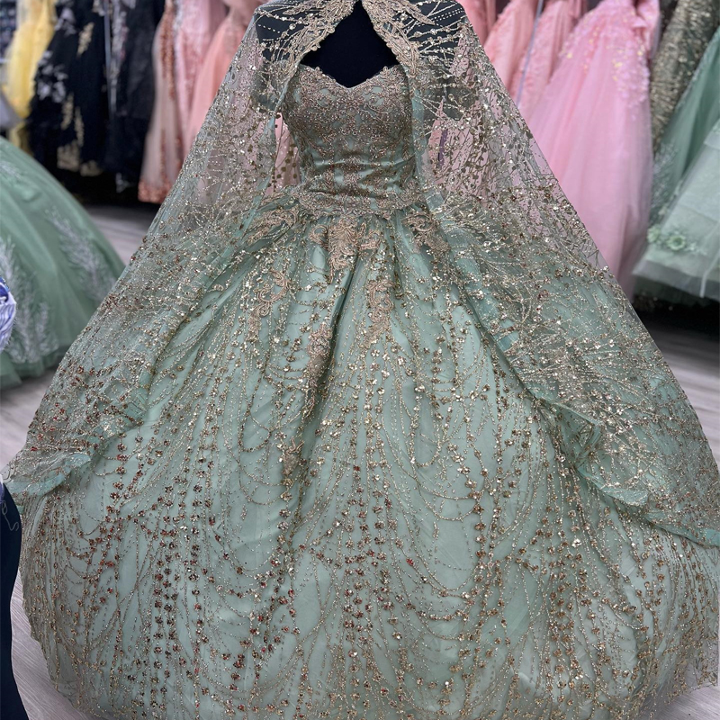 México verde fora do ombro vestido de baile quinceanera vestido para menina frisado cristal com cabo vestidos de festa de aniversário vestidos de baile doce 16