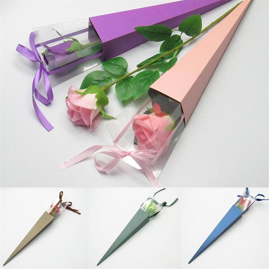 Confezione regalo Fiore singolo Scatola di rose PVC Triangolare Bouquet Carta da imballaggio Sacchetti di plastica Scatole Custodie fiori Regali Packaging231u