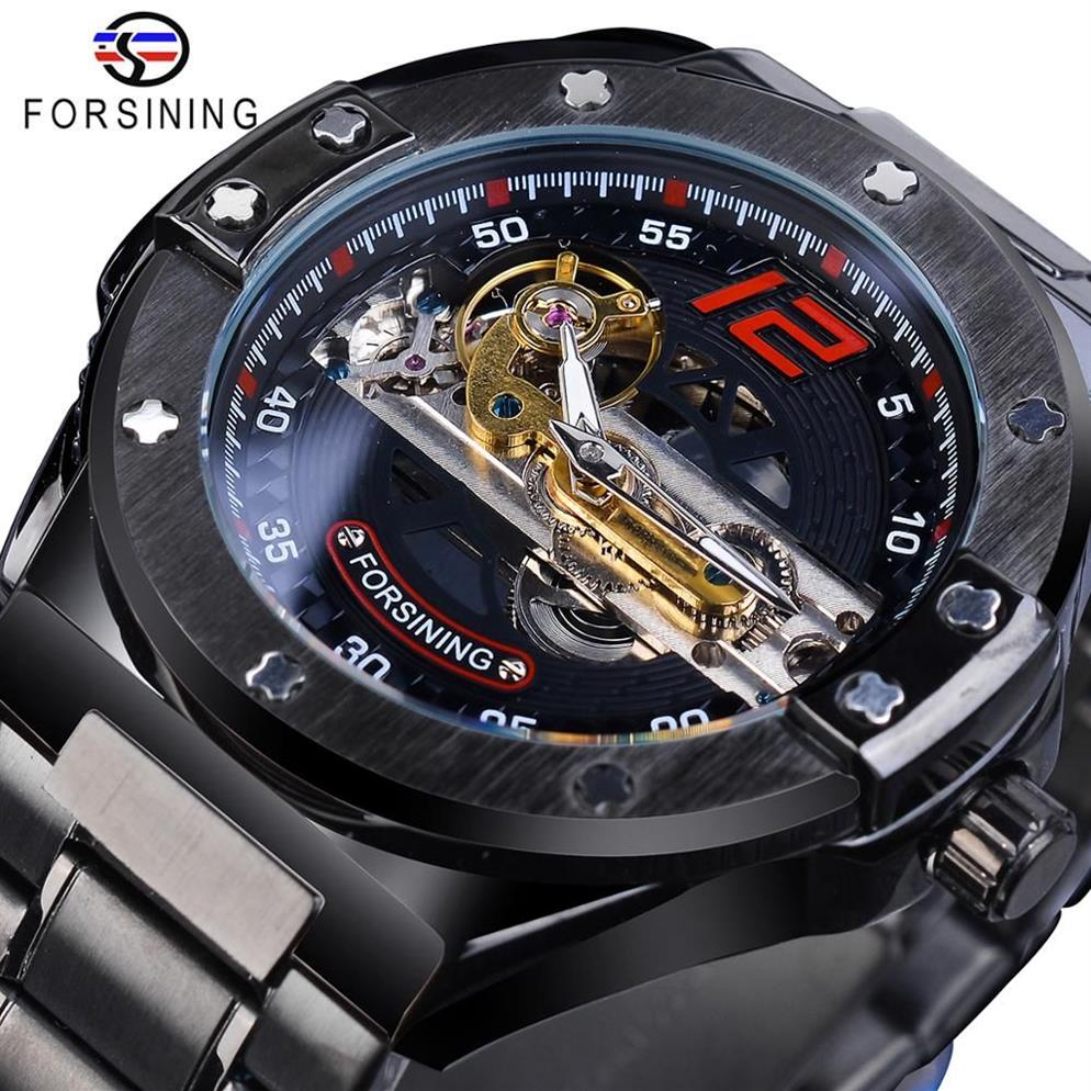 Forsining Orologio da uomo automatico trasparente Orologio da uomo con ponte dorato Meccanico Cinturino in acciaio inossidabile nero Orologi scheletrati Relogio Masculino296Y