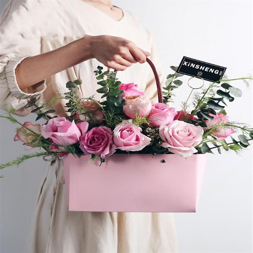 Scatola di carta Kraft rosa da 5 pezzi con manico, bouquet di fiori piegato, materiale imballaggio di fiori, cesto regalo, confezione da 5 pezzi2355