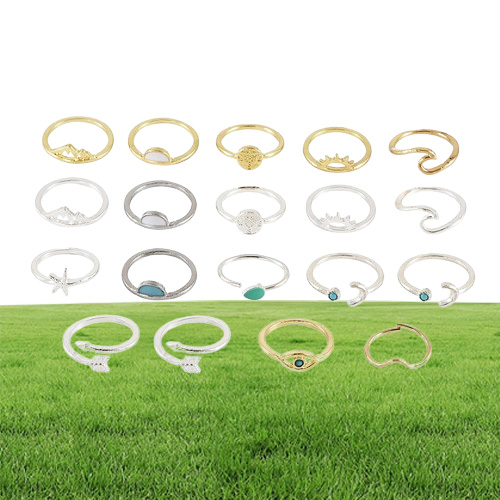 19-teiliges Set Ring Boho Kompass Pfeil Seestern Welle Mond Augen Edelstein Öffnung Midi Ringe für Frauen Charm Ringe Set Schmuck Geschenk6507174