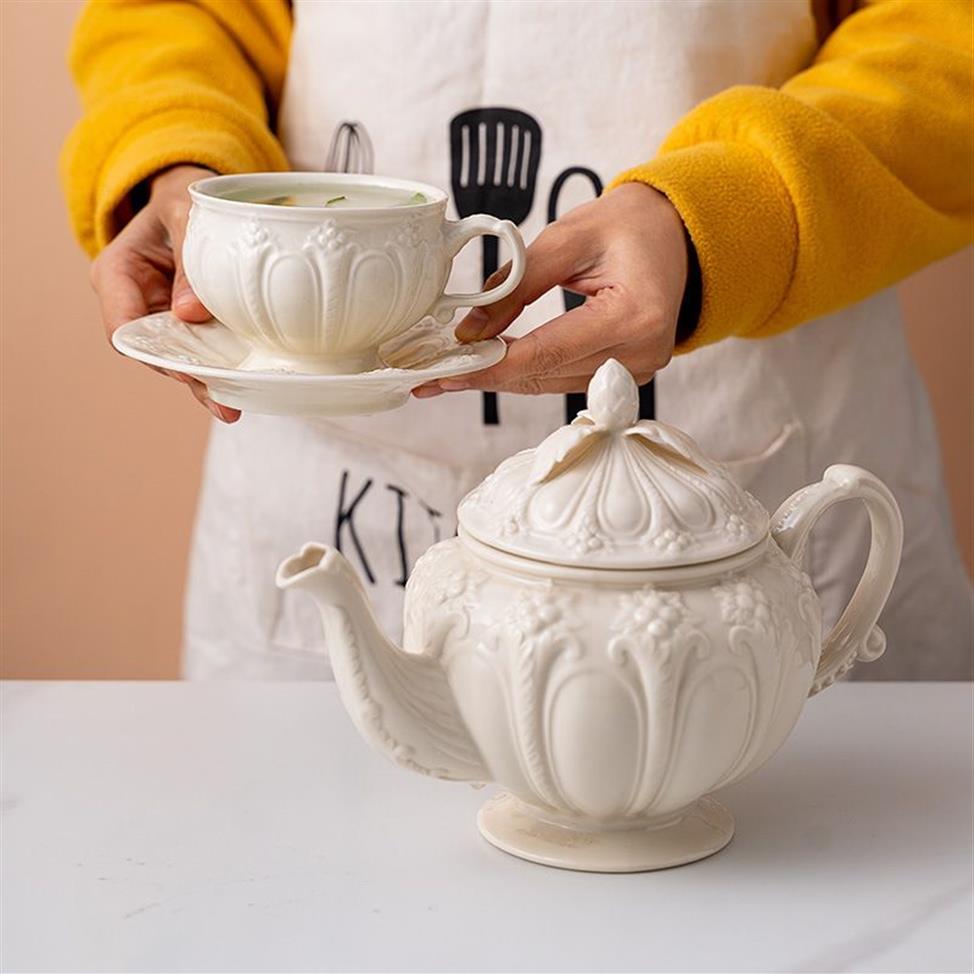 Milky Embossed Ceramic Pot Coffee Cup Saucer Creative European Afternoon Tea Teapot Teacup Simple White Porcelain308w