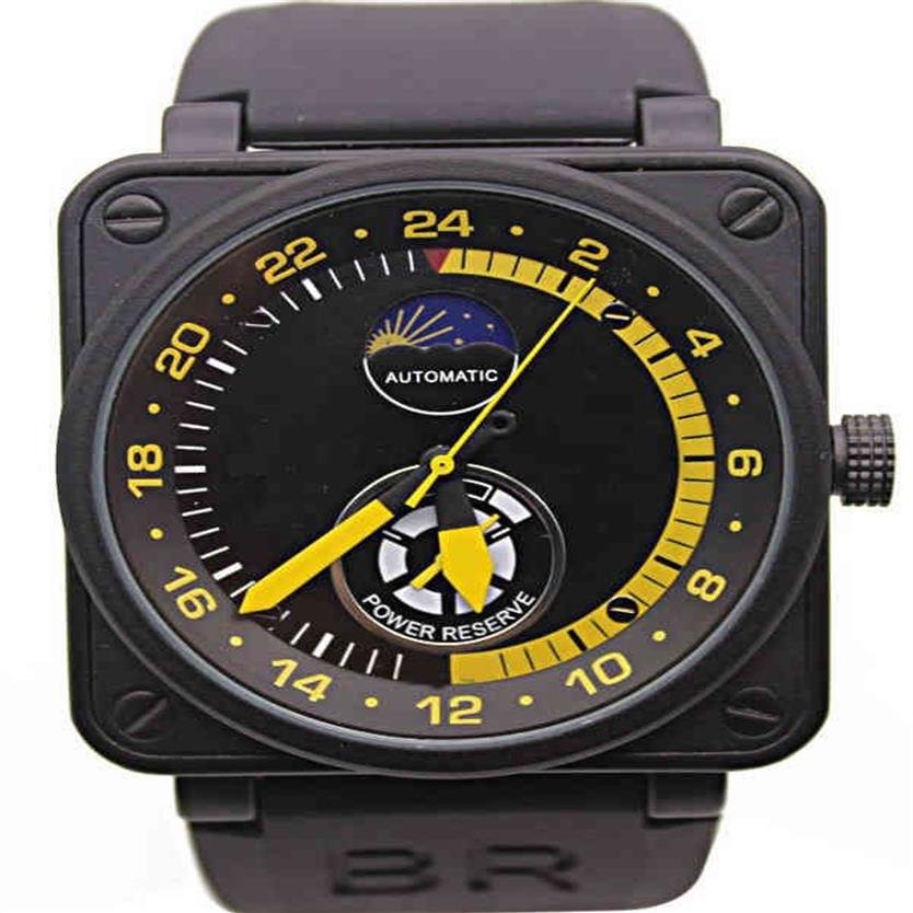 Relojes para hombre Campana de caucho negro BR Automático Mecánico EDICIÓN LIMITADA AVIACIÓN Día Reserva de marcha Fase lunar285N