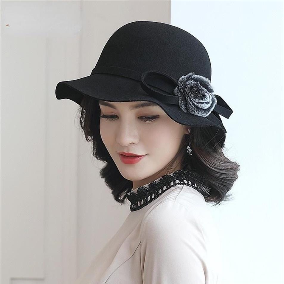 Stingy Brim Hats 2021 Winter High Quality 100% Australia Wool Lady Hat With Fur Flower Women Bowknot Floppy Felt Fedora2795