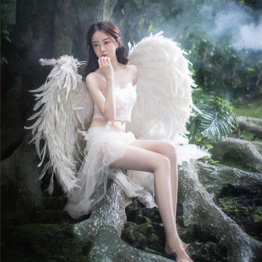 Чисто белые гибкие крылья ангела с натуральными перьями, большие крылья феи для свадьбы, дня рождения, декора, аксессуары для журнальной съемки250E