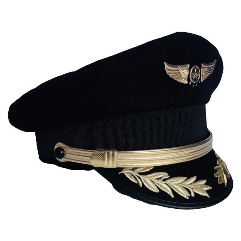 Boné de piloto personalizado de luxo, chapéu de capitão de companhia aérea, uniforme de festa de halloween, chapéus militares masculinos e adultos, preto para mulheres, aba larga 230z