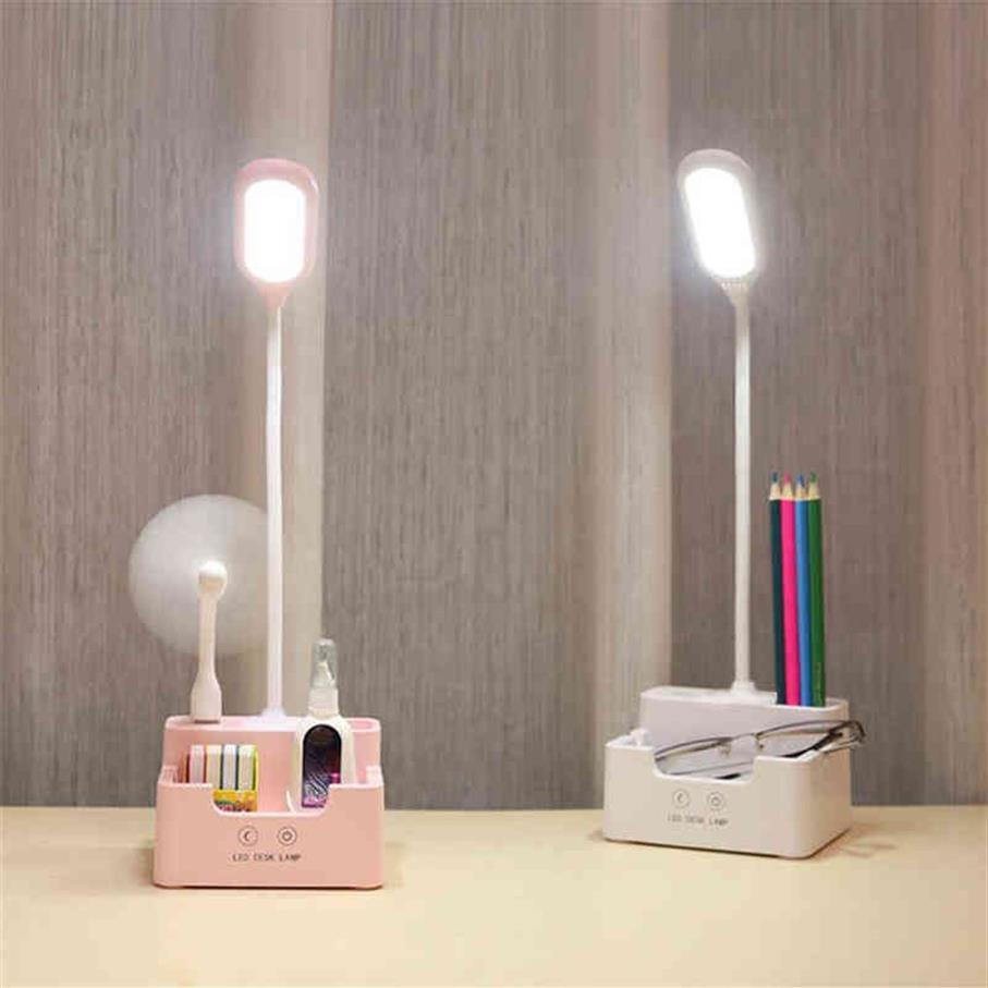 Lâmpada de mesa led recarregável com ventilador toque regulável lâmpada proteção para os olhos luz leitura para criança com telefone hoder caneta titular h222507