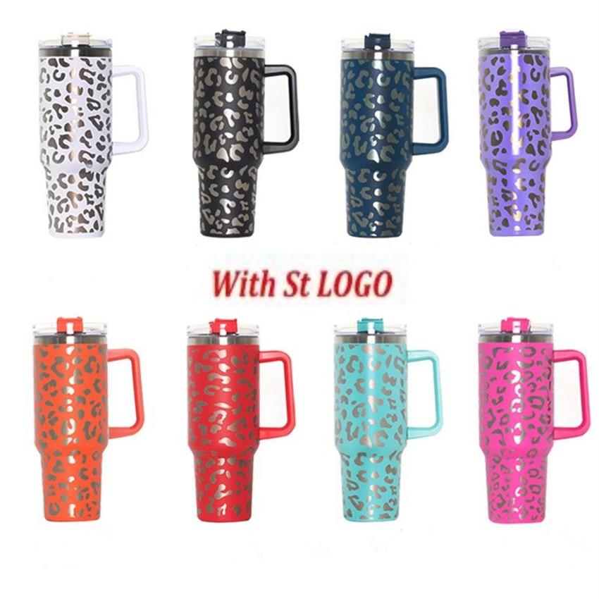 40oz leopard rostfritt stål tumlare med logotyphandtag locket halm stor kapacitet öl mugg vatten flaska utomhus camping cup vakuum insu243p