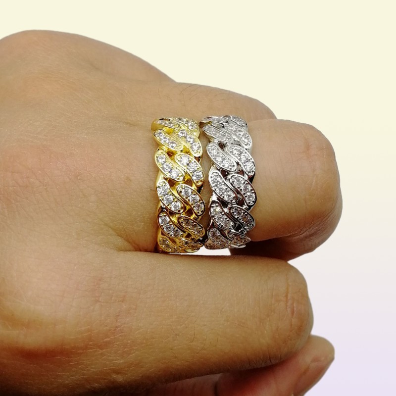 Män kvinnor hiphop kubanska länkkedjor ringar kubik zirkonium 18k guld pläterad is ut bling bling finger smycken 8mm storlek 6115682514