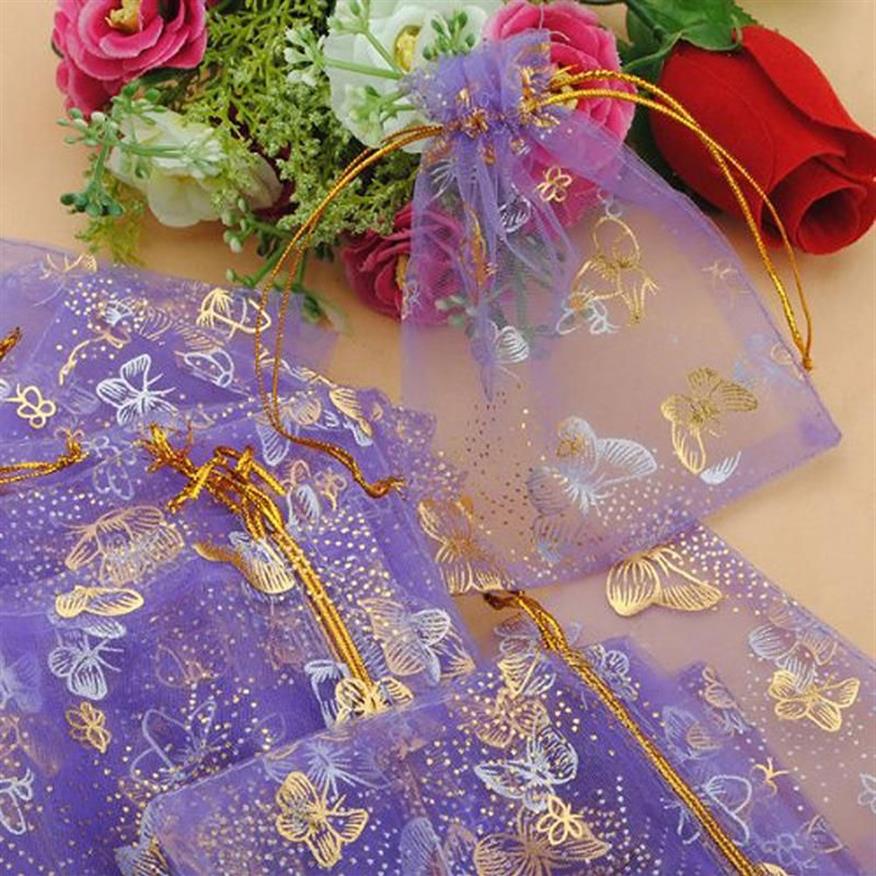 10x12cm 100 stcs Purple Butterfly Print Wedding Candy Bags Sieraden Pakken Drawable Organza Bags Party Geschenkzakken226p
