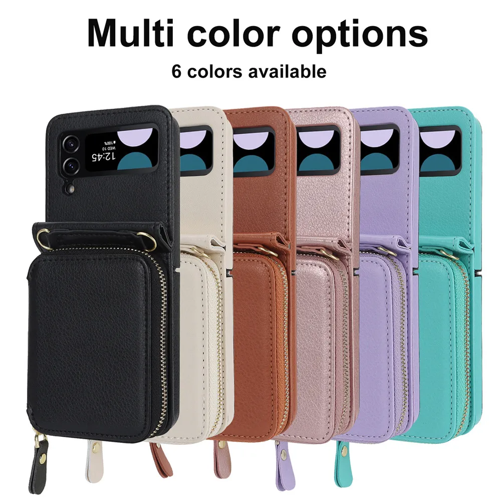 Portfel zamka mulit karty gniazda skórzana obudowa dla Samsung Galaxy Z Flip 5 Flip4 Flip3 5G Ręka Pasek Crossbody Smyczowa torba Torba Telefon Cover Flip skóra