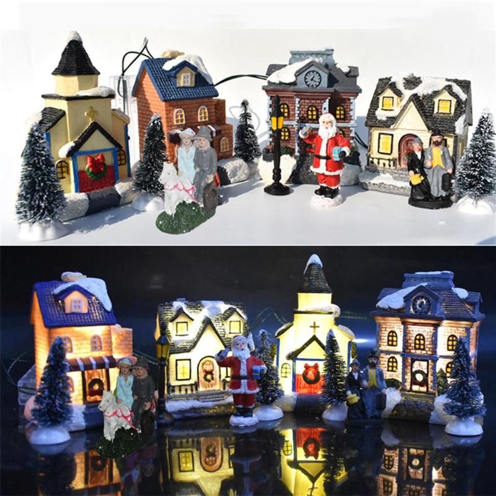 Christmas Decorations Set Ornament Glowing Cottage Luminous Cabin Santa Claus Small House Village Building Decor For Kids G268p