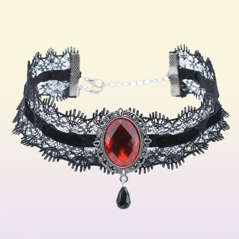 Stylish Lace Choker Velvet Ribbon Wine Red Acrylic Stones Collar Crystal Pendant Necklace for Charm Women8874929