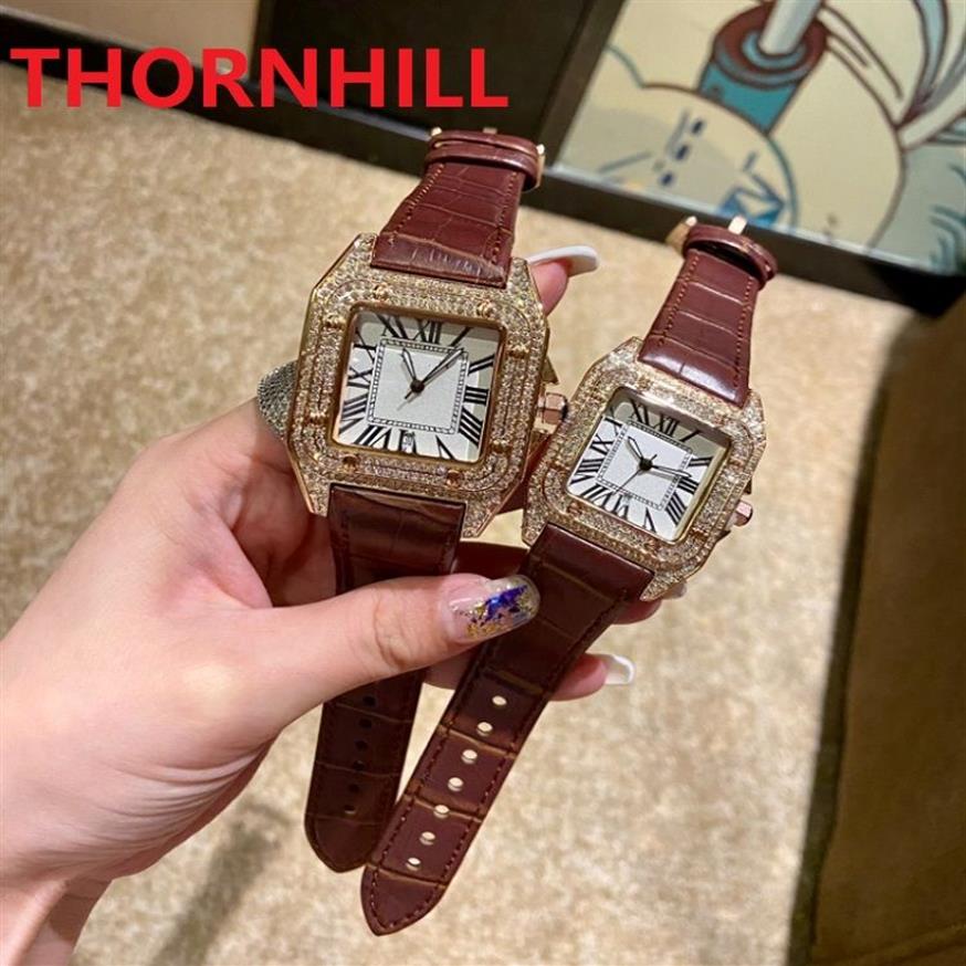 Uomo Donna anello di diamanti orologi quadrante romano quadrato Orologi da polso cinturino in pelle orologio super luminoso vetro zaffiro montre de luxe243f