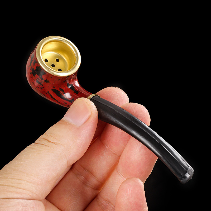 Pipe à fumer en résine incurvée, mini tige à fumer compacte et portable, pot en cuivre, ensemble pour débutants