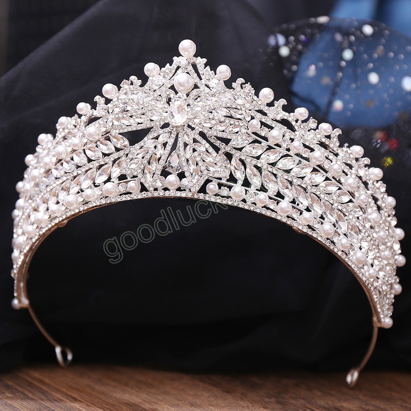 Elegant Luxury Cute Big Bowknot Crystal Pearl Tiara Crown For Women Girls Princess Wedding Bridal Hair Party Accessories